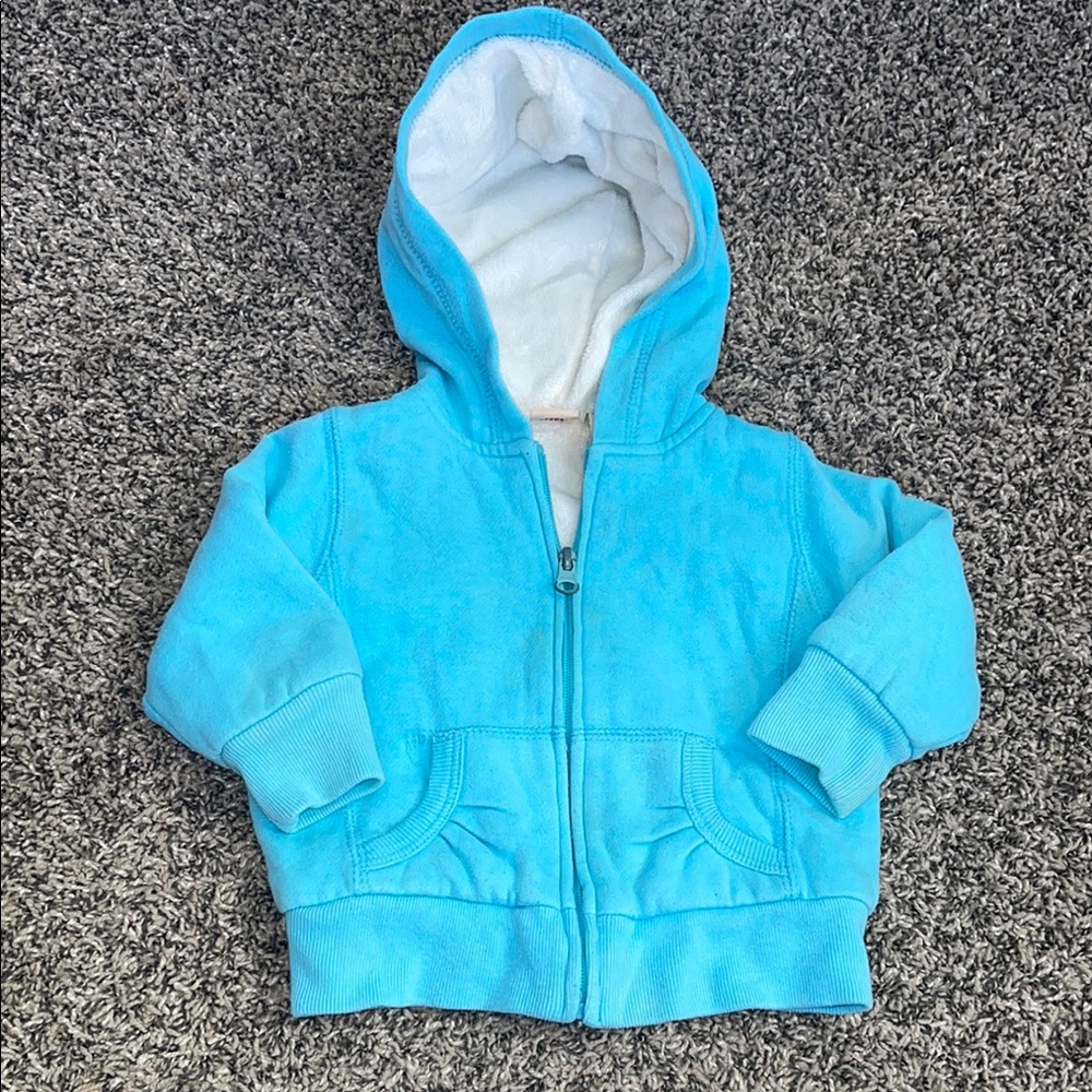 Baby girl 12M Faded Glory Blue Zip-Up Hoodie jacket fuzzy soft inside SEE FLAWS